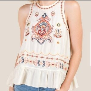 Francesca's Alya Boho Embroidered Ruffle Hem Tank Top Size Small